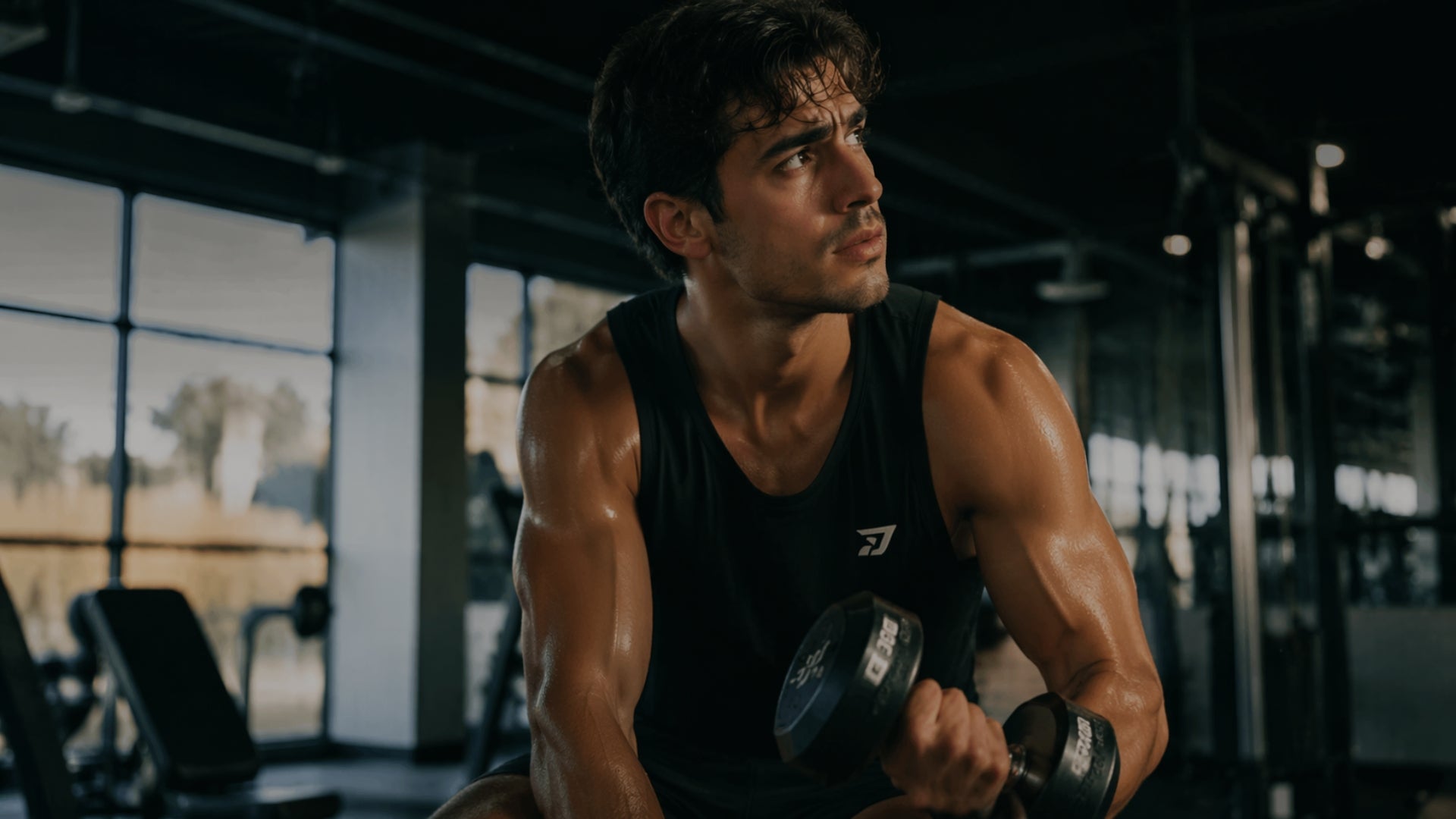 Muscular man in a gym holding dumbbells