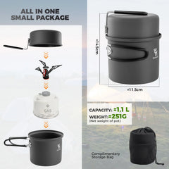 Ultra-Light Aluminum Camping Cookware Set with Nestable Design Handle