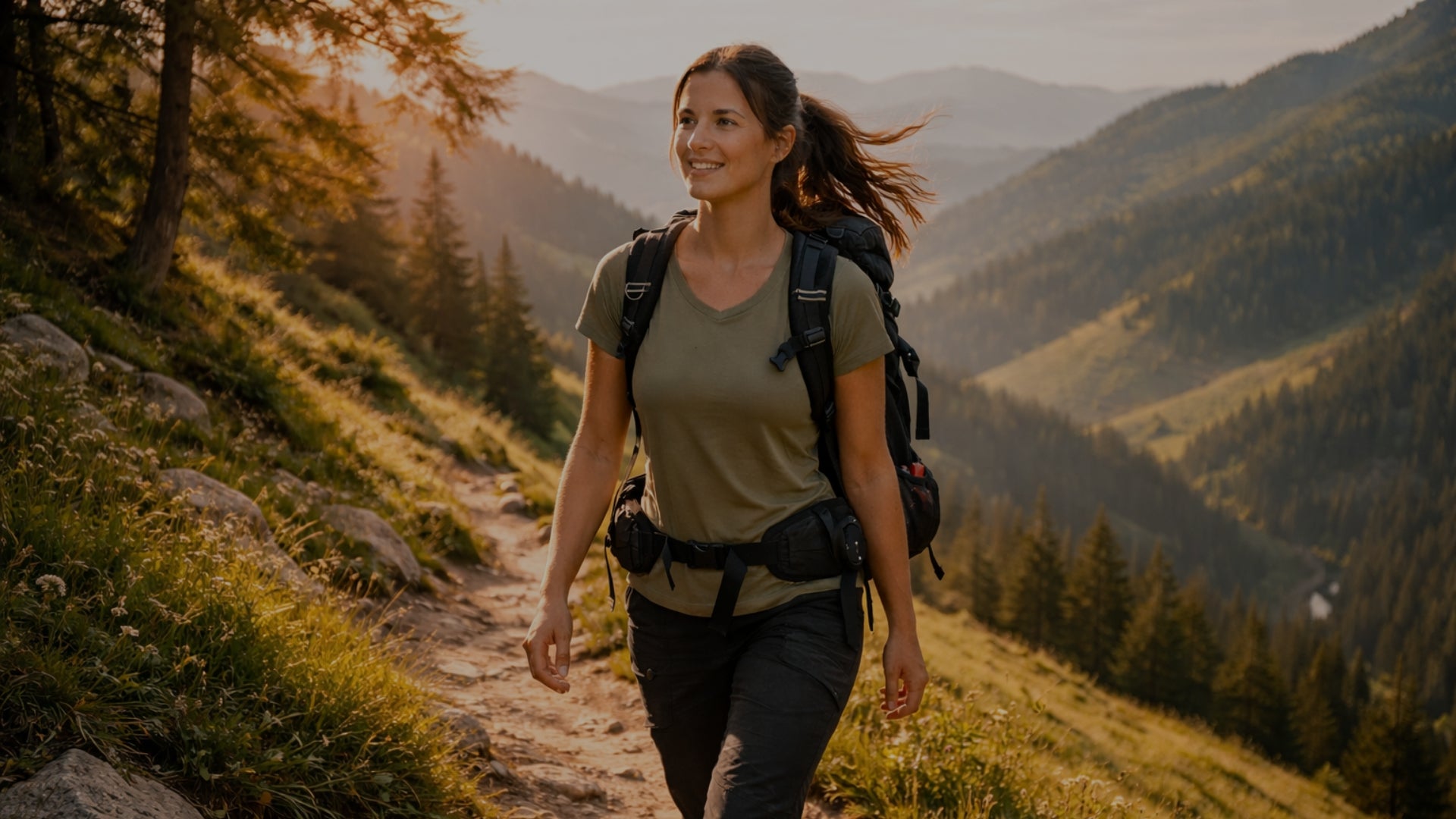 Woman hiking on a mountain trail with scenic view